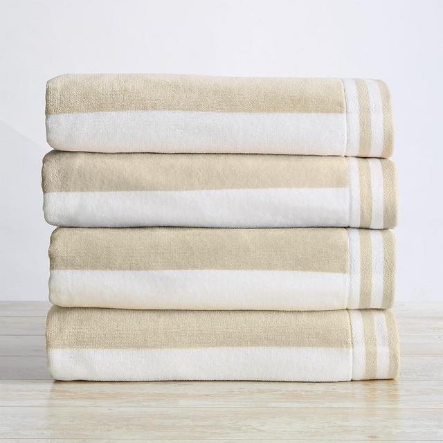 Great Bay Home 100% Cotton Velour 4 Pack Oversized Beach Towels - Taupe Cabana Stripe Pool Towels - Quick Dry, Large Swim Towels (4 Pack 35" x 70", Linen)