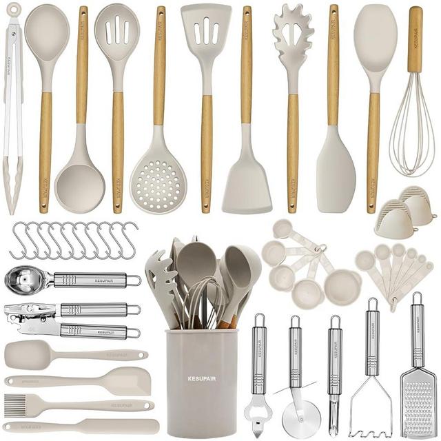 Silicone Kitchen Utensils Set, 46 pcs Cooking Utensils Set-Silicone Spatula Set- Kitchen Gadgets and Tools with Holder-Wooden Handle Silicone Kitchen Utensil with Tongs,Grater (Khaki)