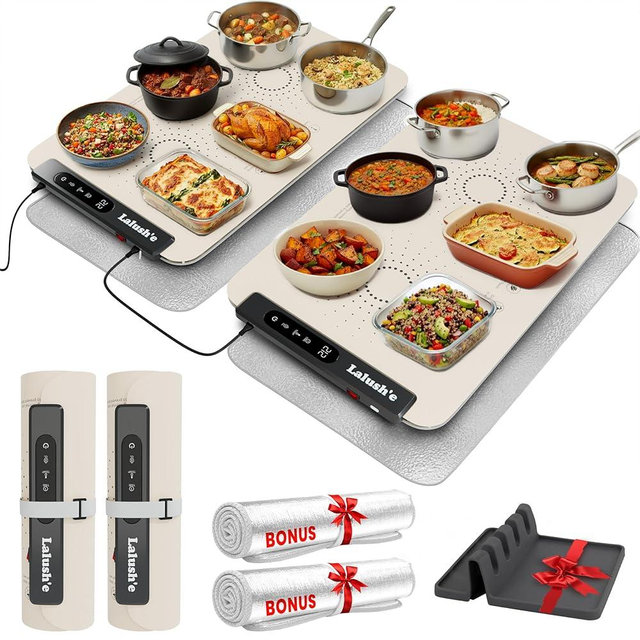 Lalush’e XL Electric Food Warming Mat 24 × 15 (2-Pack) - Graphene Heating Pads with Color-Changing Surface, 8 Temp Levels, 6 Timers, Child Lock, Parallel Connection, Insulating Pads & Spoon Rest