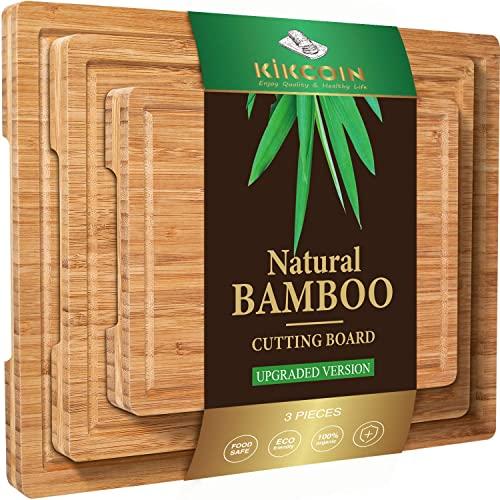 Bamboo Cutting Board, (Set of 3) Heavy Duty Kitchen Chopping Board with Juice Groove Organic Wood Butcher Block and Wooden Carving Board Serving Tray,Dark Brown Kikcoin