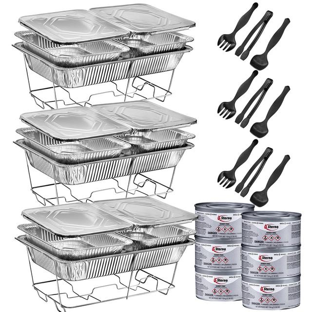 Disposable Chafing Servers with Covers - (33pc) Buffet Set Includes Full-Size Wire Stand Fuel cans, Disposable Pans Utensils - Buffet Servers and Warmers Disposable for Parties and Catering