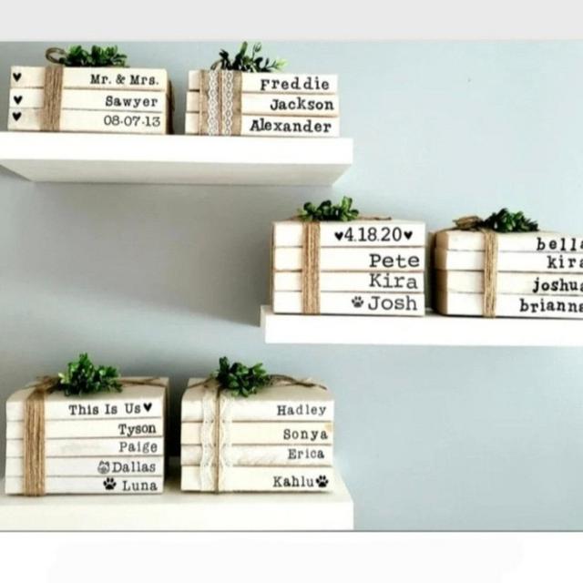 Personalized stamped books farmhouse books custom stacked name books grandmother mom mother parent gift rustic modern bookshelf decor