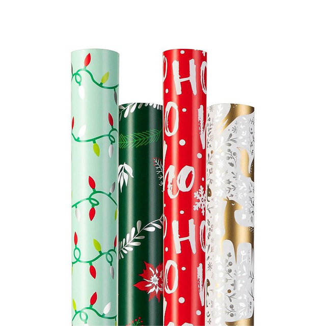 Christmas Wrapping Paper (4 Rolls: 93 sq. ft. ttl) Reindeer, Christmas Pine Tree Leaf, Snowflakes, Rabbit Squirrel Bird Fox- Holiday Elements Collection for Gifts - 17 inches x 16.5 feet Per Roll