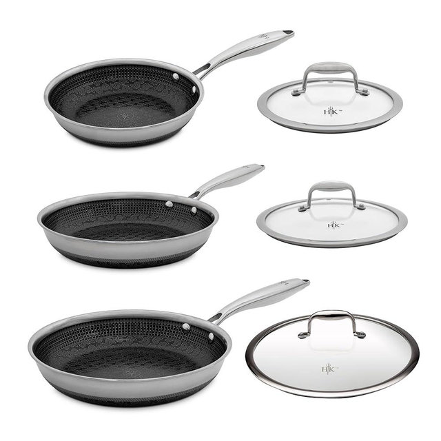 Hell's Kitchen Hybrid Fry Pan, Tri-Clad Stainless and Nonstick Ceramic PFAS Free, no PFOA, no PTFE, no Teflon, Non Toxic Cookware, Metal Utensil Safe, All Cooktops, Oven Safe (6 Piece Set with Lids)