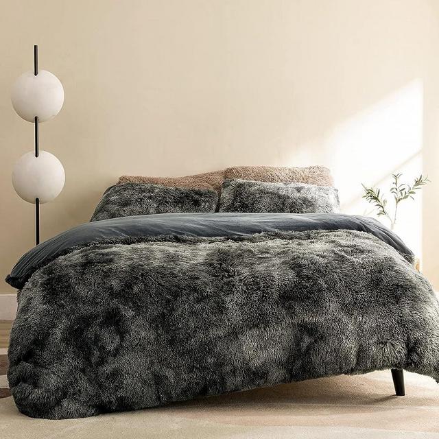 Dreamcountry Plush Fluffy Duvet Cover Oeko-TEX Certified Luxury Ultra Soft Shaggy Crystal Velvet Bedding Comforter Set 2 Pieces(1 Duvet Cover + 1 Pillow Shams) Zipper Closure(Queen,Tie-dye Dark Grey)