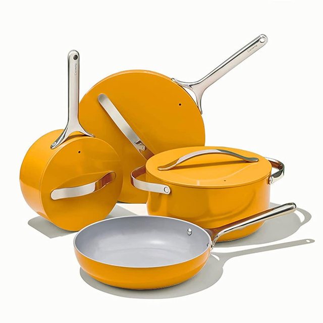 Caraway Nonstick Ceramic Cookware Set (12 Piece) Pots, Pans, Lids and Kitchen Storage - Non Toxic, PTFE & PFOA Free - Oven Safe & Compatible with All Stovetops (Gas, Electric & Induction) - Marigold