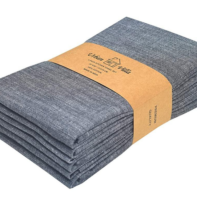 Urban Villa Kitchen Towels Slub Chambray Black/White Color, Premium Quality,100% Cotton Dish Towels, Mitered Corners,(Size: 20X30 Inch),Highly Absorbent Bar Towels & Tea Towels -(Set of 6)