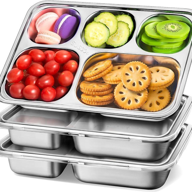 Stainless Steel Snack Containers with Plastic Lids - 3 Pack - 5 Compartments Bento Snack Boxes - Large Reusable Meal Prep for Kids Adult - Divided Food Storage Container for School, Lunch, Home Travel