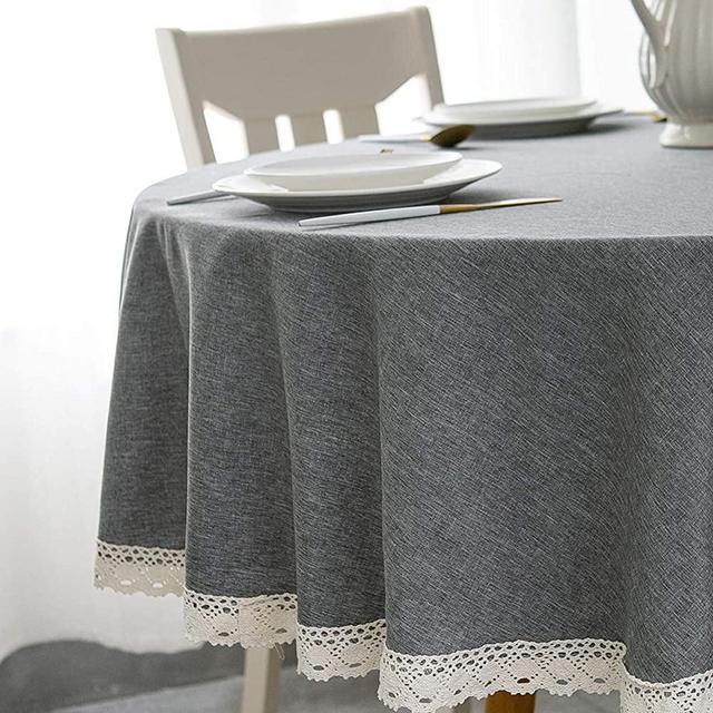 EHouseHome Faux Linen Tablecloth with Lace Trim - Waterproof/Spill Proof/Stain Resistant/Wrinkle Free/Oil Proof - for Banquet, Parties, Dinner,Kitchen,Wedding,Coffee,Holiday,Grey Round 60Inch