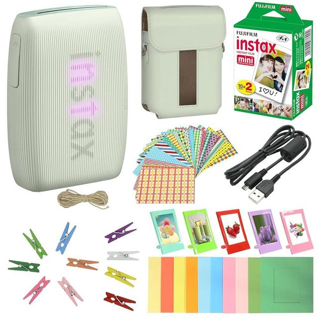 Bundle with Compatible Fuji Mini Link 3 Smartphone Printer Clay White + Fuji Film Value Pack 20 Sheets Accessories Bundle with Album + 5 Plastic Desk Frames + Paper & Sticker Frames (Sage Green)