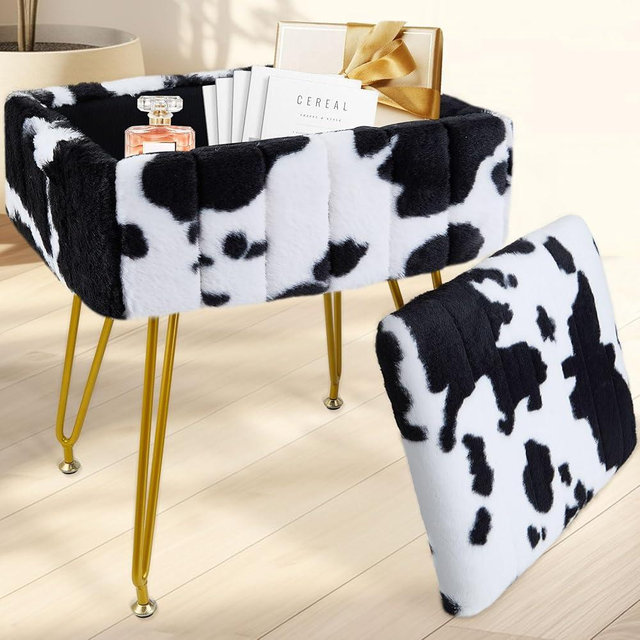 Tavovostar Vanity Stool with Storage, Faux Fur Makeup Stool with Metal Legs, Multifunctional Furry Footrest Ottoman Chair for Living Room Bedroom,Cow