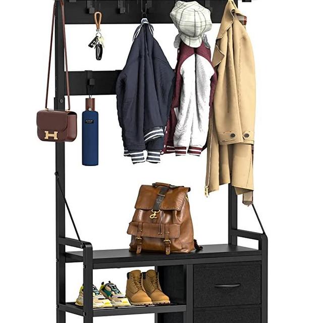 Lulive Entryway Bench with Coat Rack, 31” Hall Tree with Bench and Shoe Storage, 17 Hooks and Drawers, 4 in 1 Intelligent Design Freestanding Shoe Bench and Wall Rack (Black)