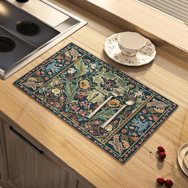 Artbloss Dish Drying Mat Paisley Absorbent Coffee Mat Rubber Backed Bohemian Soft Silicone Kitchen Dish Draining Mat for Kitchen Bathroom Coffee Bar (Paisley Black, 16 x 24 Inches)