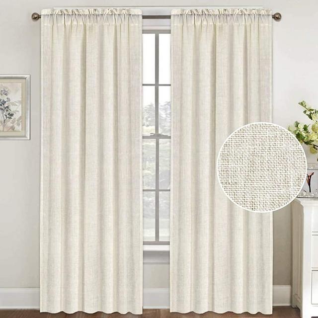 Natural Linen Curtains 96 Inches Long Rod Pocket Semi Sheer Curtain Drapes Elegant Casual Linen Textured Window Draperies, Light Filtering Privacy Added Home Fashion 2 Panels, Ivory
