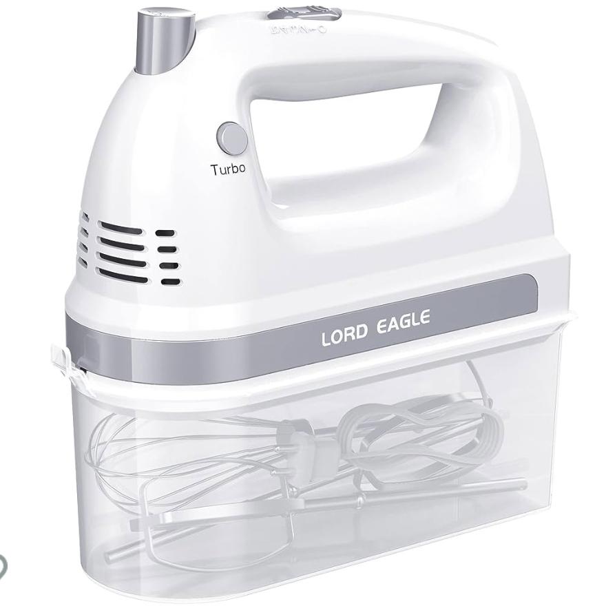 Lord Eagle Electric Hand Mixer Mini, 300W Power Handheld Mixer Kitchen for 5-Speed Baking Cake Egg Cream Food Beaters Whisk, with Snap-On Storage Case, White