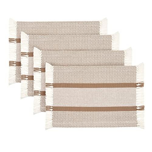 Sticky Toffee Cotton Woven Placemat Set with Fringe, Traditional Diamond, 4 Pack Placemats, Tan, 14 in x 19 in