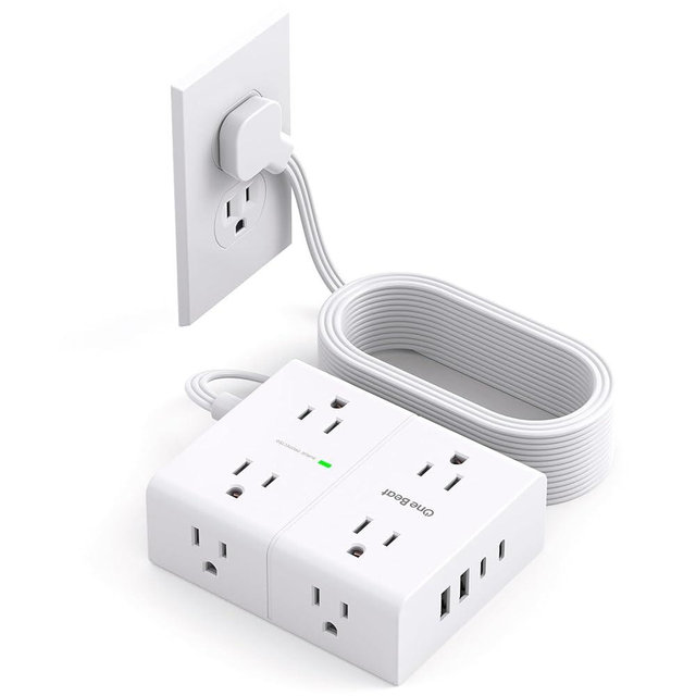 10Ft Extension Cord with Multiple Outlets, Flat Plug Surge Protector Power Strip 10 Ft Long Cord, 8 Outlets & 4 USB Ports (2 USB C), 900J Desk Charging Station for Home Office, College Dorm Essentials
