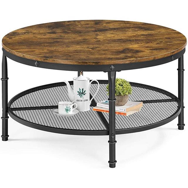 YAHEETECH 2-Tier 35.5in Rustic Round Coffee Table,Rustic Brown Industrial Furniture Table for Living Room w/Iron Mesh Storage Shelf,Wooden Tabletop,Rounded Edges,X-Shaped Reinforcing Bar,Open Shelf