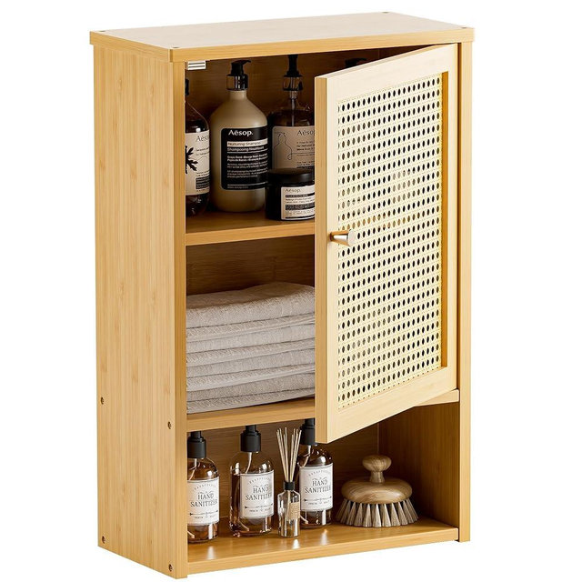 HITNET Bathroom Wall Cabinet, Rattan Medicine Cabinet, Bamboo Hanging Storage Organizer Over The Toilet with Adjustable Shelf for Living Room, Kitchen, Hallway(Natural)