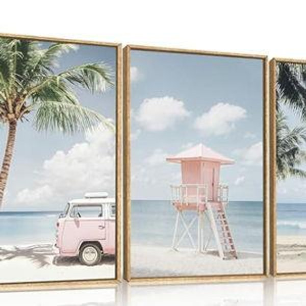Celestdeco Large Beach Seascape Ocean Framed Canvas Wall Art Set,Modern Coastal Surfboard Palm Tree Wall Decor,Summer Pink Van Artwork for Living Room,Bedroom,Dining Room,Office-16 x24 x3