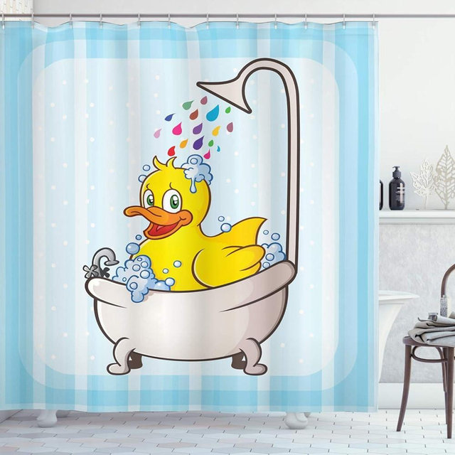 Ambesonne Duck Shower Curtain, Cartoon Character Taking a Bath Colorful Drops Backdrop Dots, Cloth Fabric Bathroom Decor Set with Hooks, 69" W x 70" L, Soft Blue Sky Blue Yellow