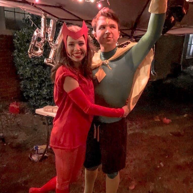 Our first Halloween costume together, Wanda and Vision.