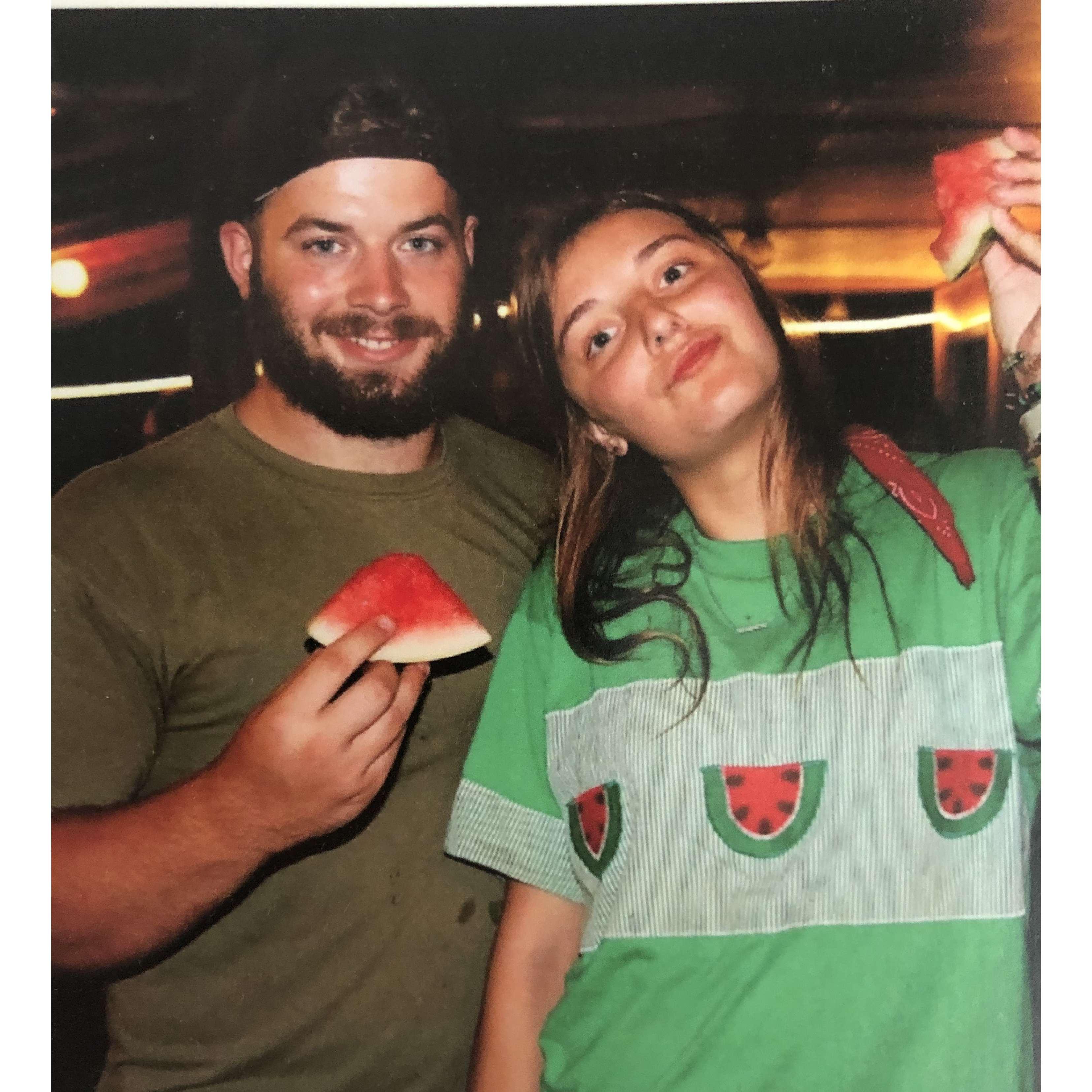 Our 1st picture together...we now collect watermelon EVERYTHING