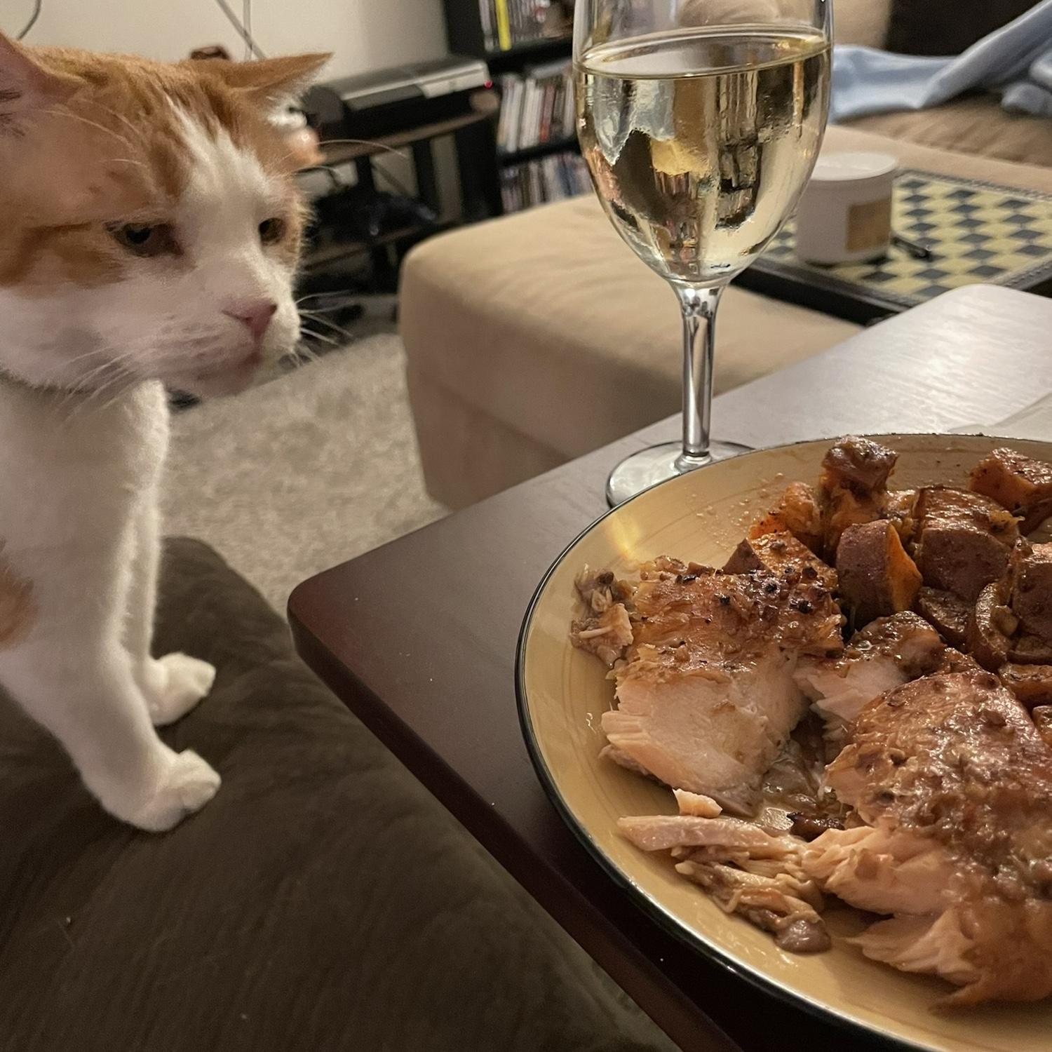Date nights in are hard to do when Cheddar tries to steal a bite.