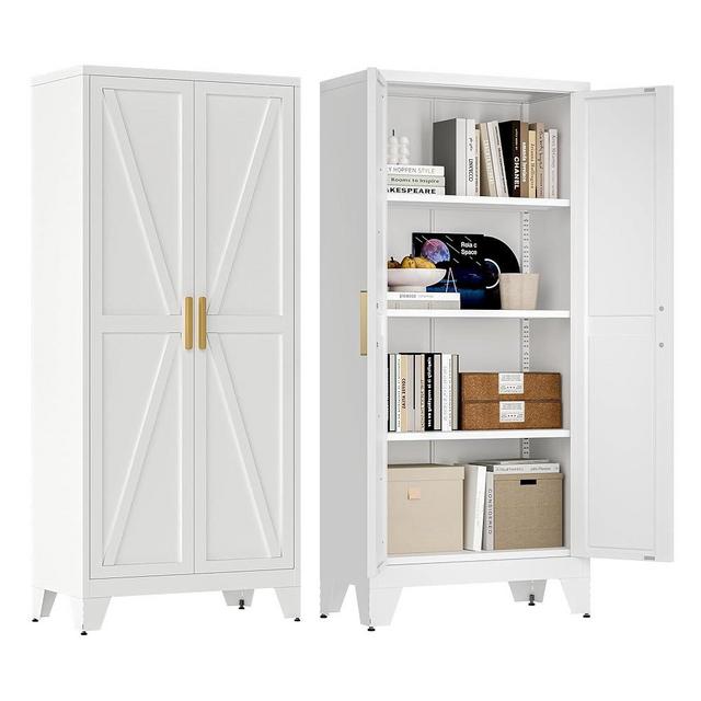 61" Tall Farmhouse Metal Pantry Cabinet, Kitchen Pantry Storage Cabinets with 2 Barn Door and Adjustable Shelves,Metal Pantry Storage Cabinet,for Kitchen,Laundry Room,Home Office,Kids Room (White)