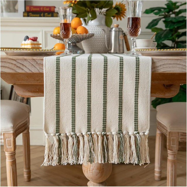 Caflife Boho Table Runner 108 Inchs Long Green and Beige, Cotton and Linen Woven with Tassels, for Modern Rustic Farmhouse Neutral Table Runners, Bohemian Kitchen Dining Table Home Decor