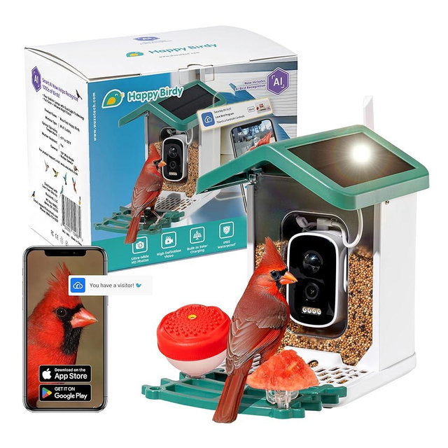 Happy Birdy Smart Bird Feeder with Camera - 2.5K HD Video, Wild Bird Feeder with Wall Mount & Pole Strap Kit, Free AI App IDs 10K+ Birds, Solar Power Panels, Infrared Night Vision, Weatherproof IP67