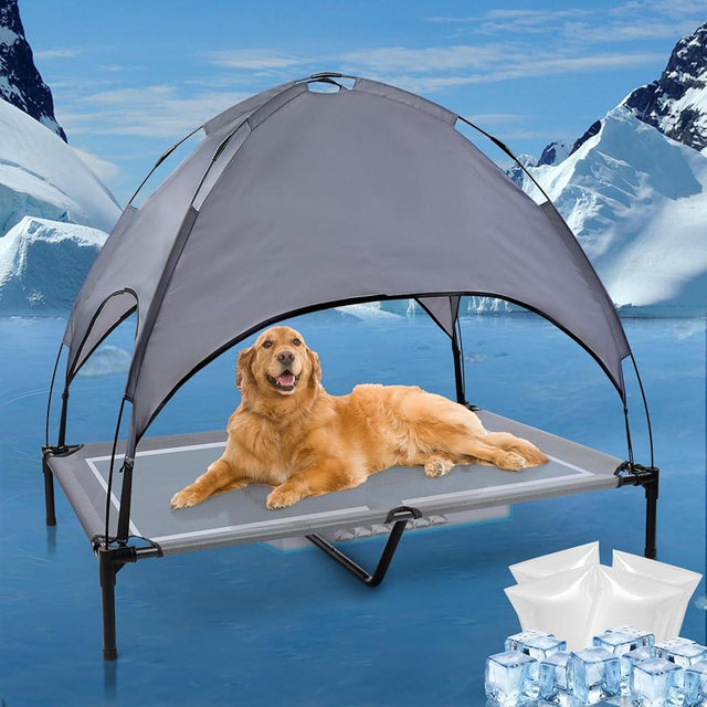 48'' Outdoor Elevated Dog Bed with Canopy, Raised Dogs Bed Medium Large Size Dogs with Six Support Feet, Breathable Cooling Dog Cot Beds, Outdoor Dog Hammock Bed,Outside Pet Bed with 4 Ice Pack(Large)