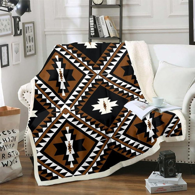 Rustic Western Twin 60"X80" Throw Blanket For Men,Southwestern Aztec Fleece Blanket Bohemian Pludh Bed Blanket Ethnic Mexican Geometric Diamond Flannel Blanket Brown Black White Farmhouse Room Decor