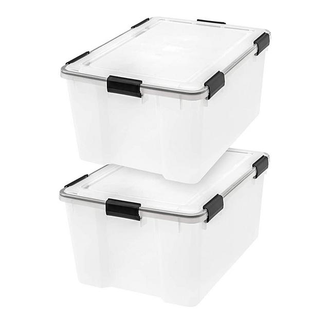 IRIS USA 62.8 Quart Clear and Black Air Tight/ Waterproof/ Weather Tight Plastic Storage Bin Tote Organizing Container with Durable Lid and Seal and Secure Latching Buckles, 2 Pack