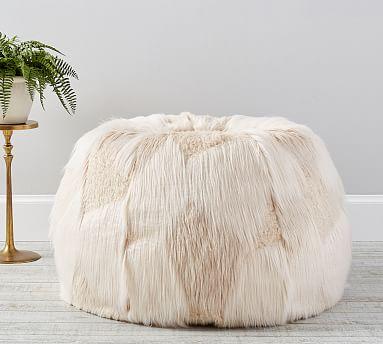 Mongolian Patchwork Faux Fur Bean Bag, 41", Ivory