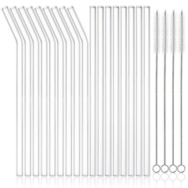 Panleding 16 Pack Reusable Glass Straws, Size 10''x10MM Including 8 Straight and 8 Bent, Clear Glass Drinking Straw with 4 Cleaning Brushes Perfect for Juice, Smoothies, Cocktail