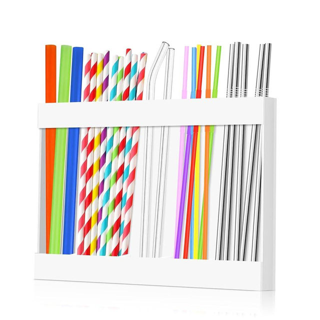 Straw Holder Organizer - Stylish Acrylic Reusable Straw Dispenser with Double Sided Adhesive for Standard Size Drinking Straws - Ideal for Kitchen Counters and Cupboards