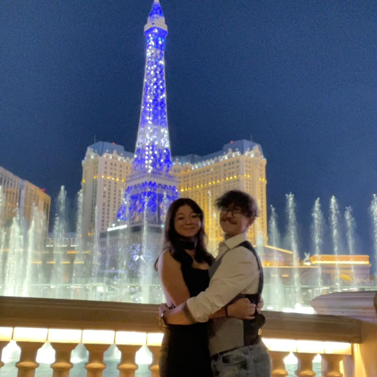 Trayce and Bae Lei went on a “fancy date” in Vegas. Picture is at the Vegas water fountain show I’m front of the Bellagio.