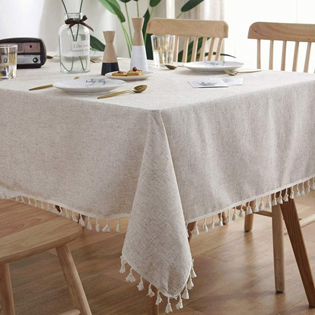 AMZALI Washable Cotton Linen Tablecloths Fabric Tassel Tablecloth Dust-Proof Table Cover for Kitchen Dinning Tabletop Home Decoration Everyday Use (Rectangle/Oblong, 55 x 71Inch, Linen)