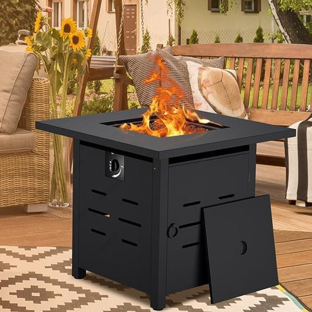 JAMFLY Propane Fire Pit 30" Outdoor Fire Pit Table 50000 BUT Square Gas Fire Table with Lid, Lava Rock and Waterproof Cover for Outside Garden Patio Backyard