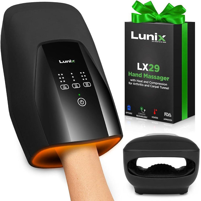Lunix LX29 FSA Hand Massager, Heat & Air Compression, for Arthritis & Carpal Tunnel Relief, Hand & Wrist Pain Relief, Cordless Rechargeable, Charcoal Black