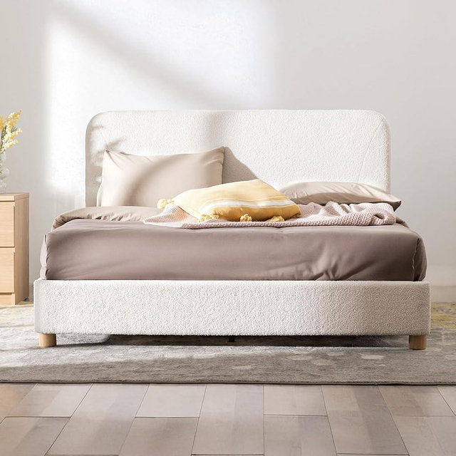BERRY NEST Queen Size Boucle Bed Frame, Upholstered Cloud Bed Frame with Adjustable Headboard, Solid Wood Legs, Rounded Corners Design & Easy Assembly – Modern Platform Bed,Cream