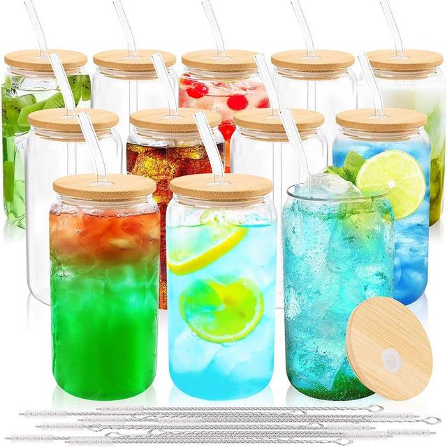 Joyclub Glass Cups with Bamboo Lids and Straws 12 Set 16 oz Reusable Iced Coffee Cup Beer Can Drinking Glasses for Smoothie Whiskey Boba Soda Tea Gift