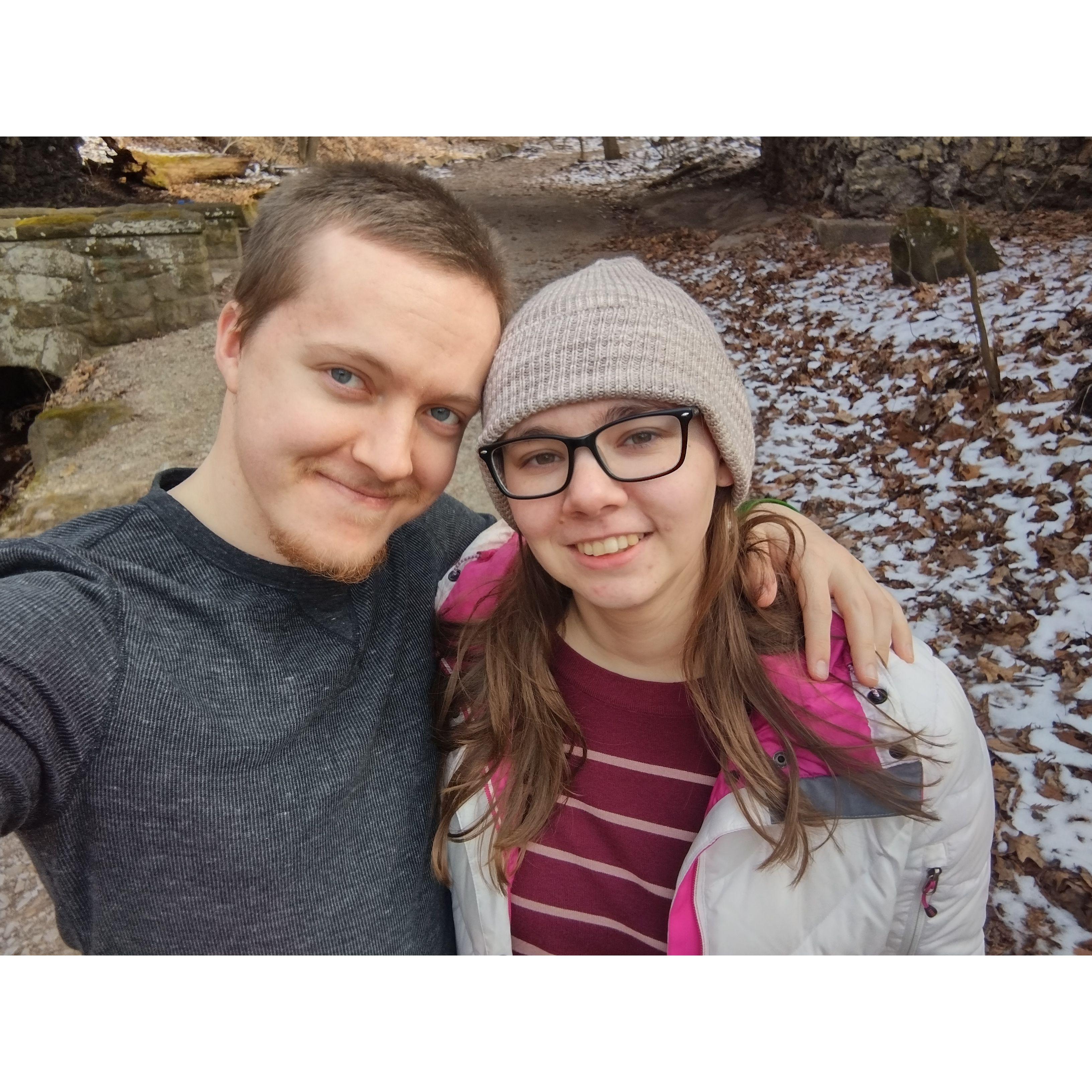 February 2023 - We took this picture right after we got engaged! Spencer proposed in Schenley Park while visiting Mary Jane in Pittsburgh.