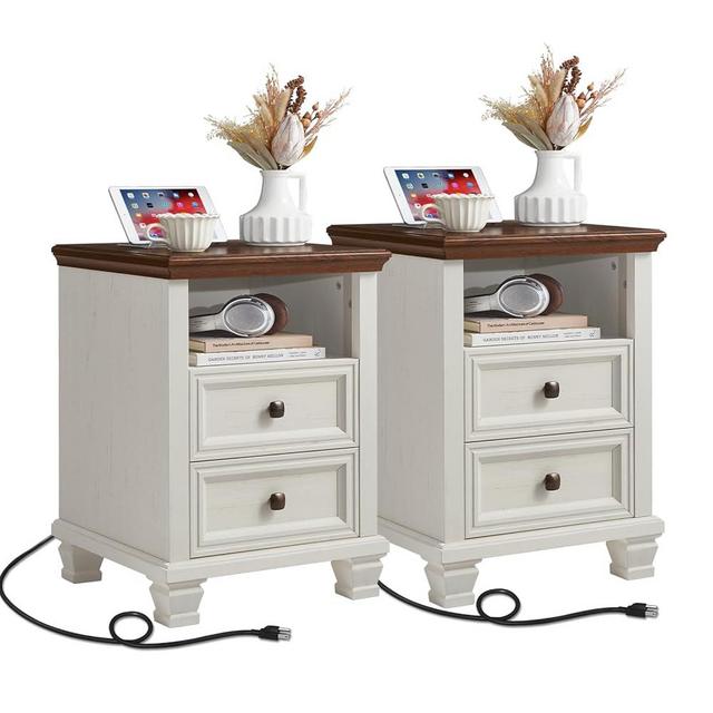 SAVOR LIFE Farmhouse Nightstand Set of 2 with Charging Station, Rustic White Nightstand,2 Drawers End Table for Living Room,Bedside Table with Open Shelf for Bed Room,White