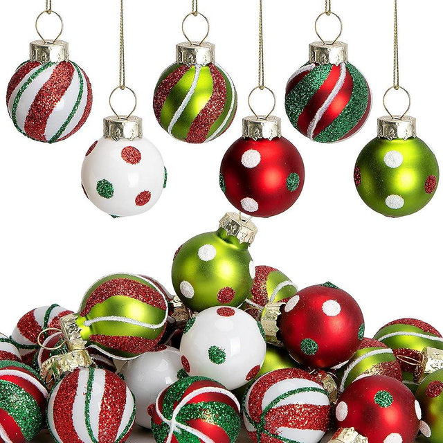 Watayo 24 Pcs Christmas Glittering Elf Glass Ornaments for Tree - 1" Mini Painted Swirl Dots Hanging Decorations - Red Green Christmas Tree Balls for Xmas Party Home Decor