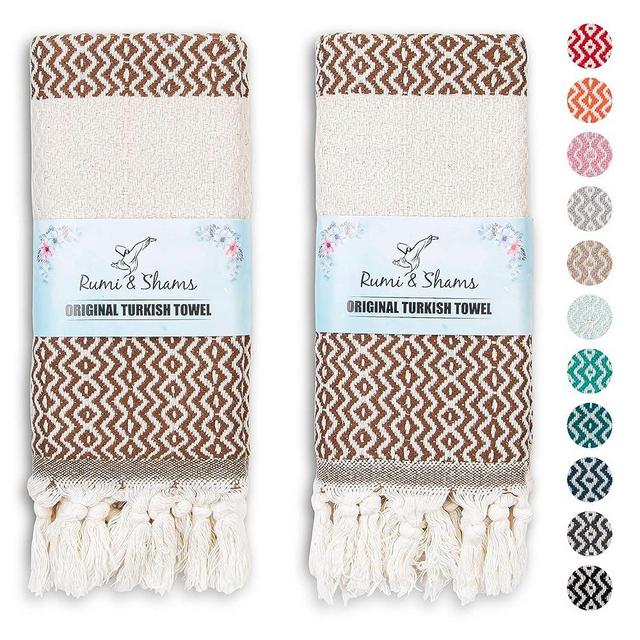 Rumi&Shams Turkish Hand Towels for Bathroom | 2 pcs Decorative Bathroom Towels | 100% Cotton Farmhouse Kitchen Towels | 16x35 Boho Hand Towels | Oeko-Tex Certified Brown Hand Towels