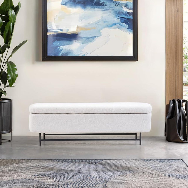DRKAT 56" Boucle Storage Bench for Bedroom, Upholstered Teddy Ottoman Bench, Modern Extra Long Storage Bench for End of Bed/Entryway/Livingroom/Window (Beige)