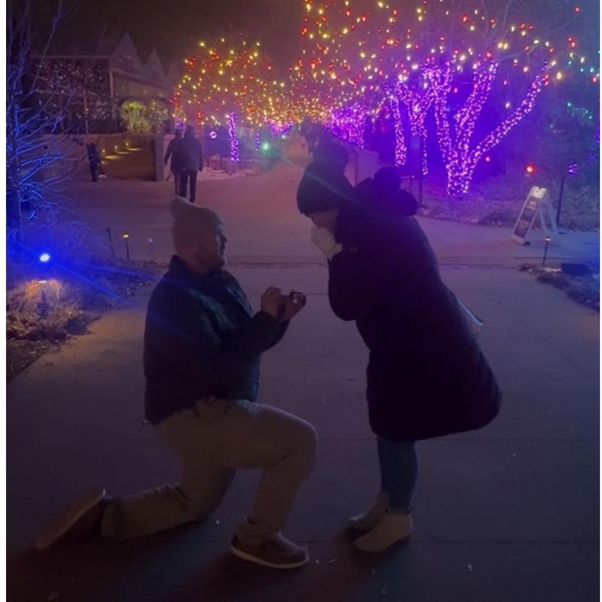 November 30, 2024. Riley proposes with Kaleigh at the Denver Botanic Gardens.