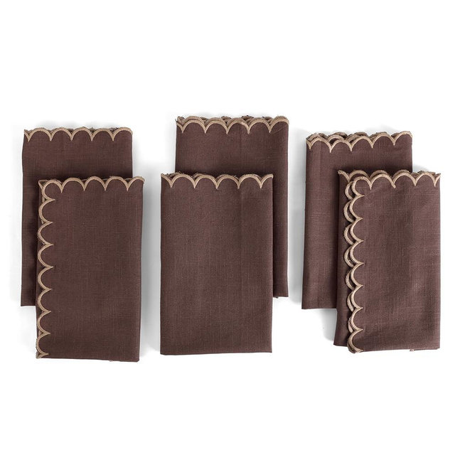 FINGERCRAFT Cloth Napkins, Everyday Use Scallop Design, Premium Quality Natural Cotton Napkin Set of 6 Perfect for Parties Dinners Weddings Easter Napkin Cloth 20x20 inch Chocolate/Brown